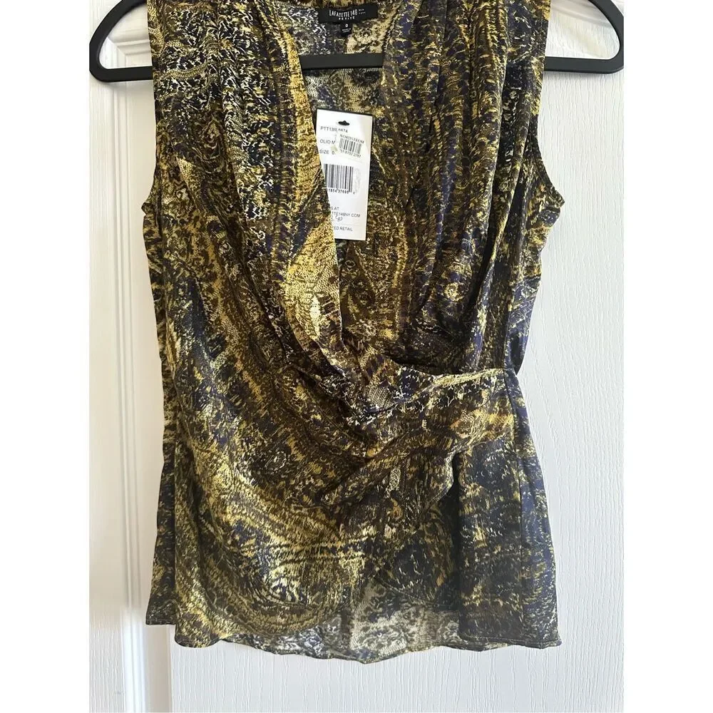 NWT Lafayette 148 New York Womans Olive100% Silk Sleeveless Top Size 0